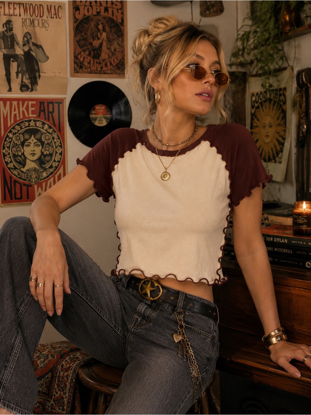 Contrast Trim Cream and Burgundy Short Sleeve Crop Top - 674